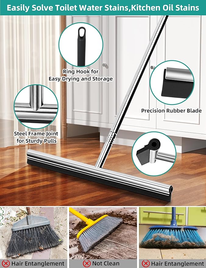 Floor Squeegee Scrubber 59inch Long Stainless Steel Handle with 15inch Wide Silicon Rubber Blade Squeegee Broom for Floor Washing and Drying Shower Glass, Garage, Window, Marble, Wood Surfaces