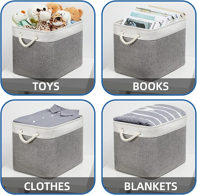 Temary Baskets for Organizing, 2 Pack Storage Baskets Large Fabric Baskets with Handles, Decorative Basket for Gifts Empty for Home (White&Grey,16Lx12Wx12H Inches)