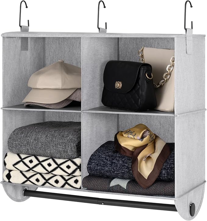 StorageWorks Hanging Closet Organizer with Metal Rod, 4-Section Closet Organizers and Storage, Collapsible Hanging Shelves for Closet, Bedroom, Kids Dorm Room, RV Camper, Gray and White