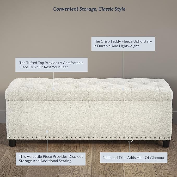 BELLEZE 47" Storage Ottoman, Storage Bench with Safety Close Hinge, Linen Button-Tufted Ottoman for Living Room, Entryway, Hallway, Foot Rest, Support 300lbs - White