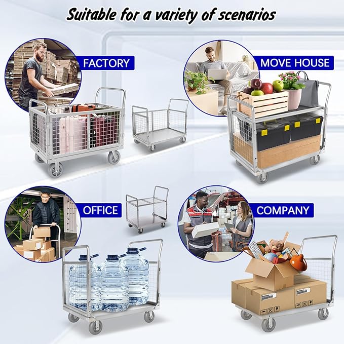 Platform Truck with Cage, 6 in1 Foldable Heavy Duty Steel Flatbed Cart, Large Utility Cart w/Industrail Solid Casters, Load 2000LBS Multi-Purpose Push Dolly for Grocery/Laundry/Stall/Warehouse