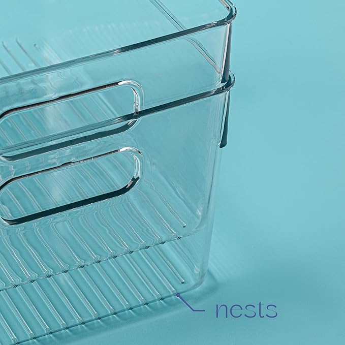 Plastic Food Storage 8 Pack Clear Container Bin with Handles for Organizing Kitchen, Pantry, Refrigerator, Freezer, Pantry, Cabinet, Closet, Bathroom. 10”x7.5”x5.3”