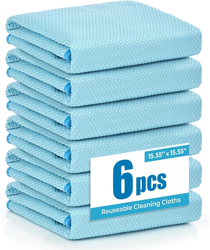 Nanoscale Microfiber Cloths 15.55”x 15.55”, Glass Window Mirror Stainless Steel Car Cleaning, Streak-Free, Lint-Free, Super Thick & Absorbent, Reusable, 6 Pack (Blue)