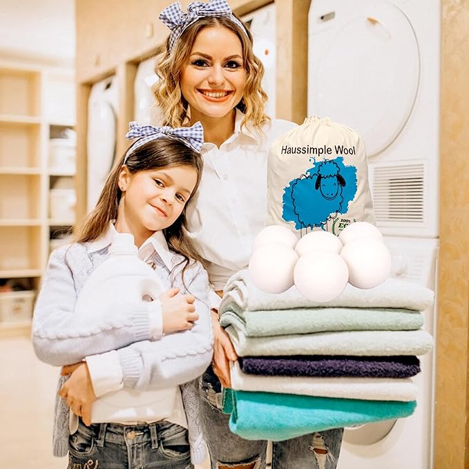 Wool Dryer Balls Organic Felt 6 Pack Laundry Fabric Softener, Extra Large Reusable Handmade Natural Sheep Wool Lint Wrinkle Free Anti Static Baby Safe (Plain White)