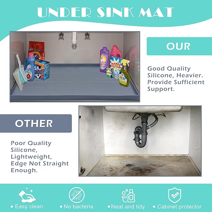 URMONA Waterproof Silicone Under Sink Mat 22'' x 22'' Shelf Liner for Kitchen and Bathroom, Cabinet and Counter Protector, Storage and Organizers, Litter Mat, Pet Cat Puppy Essentials(Beige)