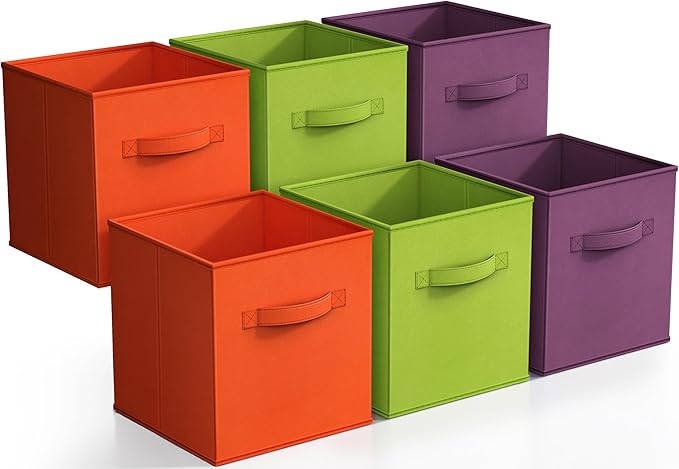 Sorbus Storage Cubes - 11" Foldable Storage Bins with Handle for Nursery, Playroom, Closet Organizers and Storage - 6 Fabric Shelf Basket for Toys, Books, Clothes - Purple Green & Orange Storage Bin