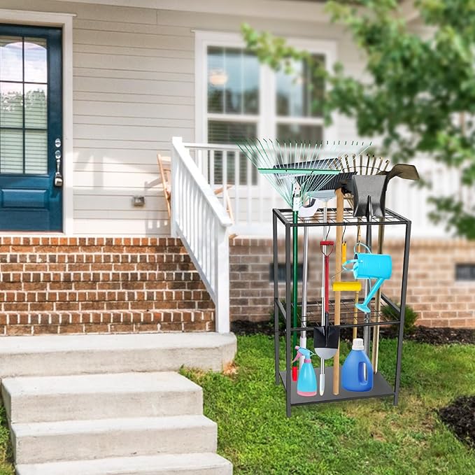 Garden Tool Organizer - Yard Tool Storage and Organizers, Utility Rack with 3 Hooks, Garden Yard Tool Stand Tower Racks, Tool Holder for Broom, Shovel, Rake, Mop, Garage Organization, Black