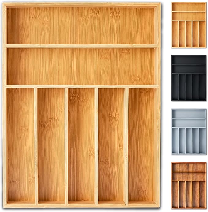 Silverware Organizer, 12.5 Inch Utensil Organizer Kitchen Drawer Organizer Bamboo Silverware Holder Cutlery Tray Organizer in Drawer Flatware Organizer Tray(7 slots, Natural）