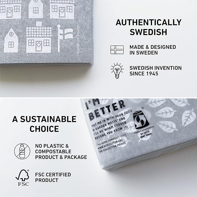 Nordhus Design Swedish Dishcloths,10 Grey Cloths, Made in Sweden - Reusable, Washable Cellulose Cotton Kitchen Cloths - Replace Paper Towels, Wipes, Sponges, Dish Rags