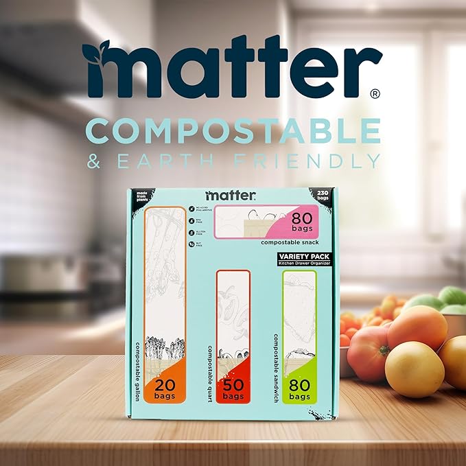 Matter Compostable Assorted Kitchen Bags, 230 Count, Biodegradable, Eco-Friendly Resealable Food Storage Variety Pack, 80 Snack, 80 Sandwich, 50 Quart & 20 Gallon