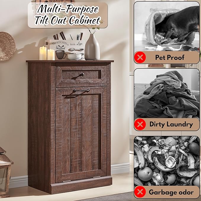 Tilt Out Laundry Hamper Cabinet, 10 Gallon Farmhouse Trash Can Cabinet with Drawer, Hidden Wood Garbage Can Bin Cabinet with Laundry Storage Basket for Bathroom, Kitchen, Brown