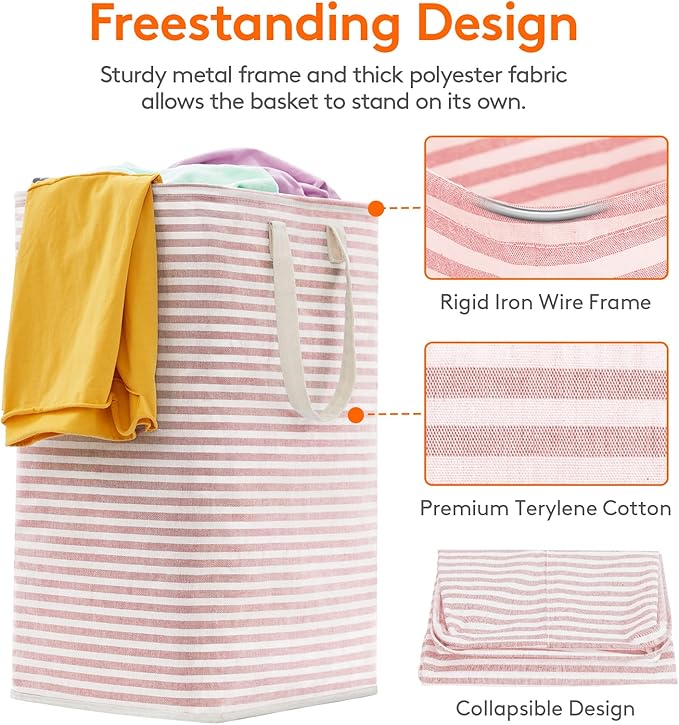 Lifewit Laundry Hamper Large Collapsible Laundry Basket, Freestanding Waterproof Clothes Hamper Storage with Easy Carry Handles for Clothes in Bedroom Bathroom College Dorm for Adults, Pink, 80L