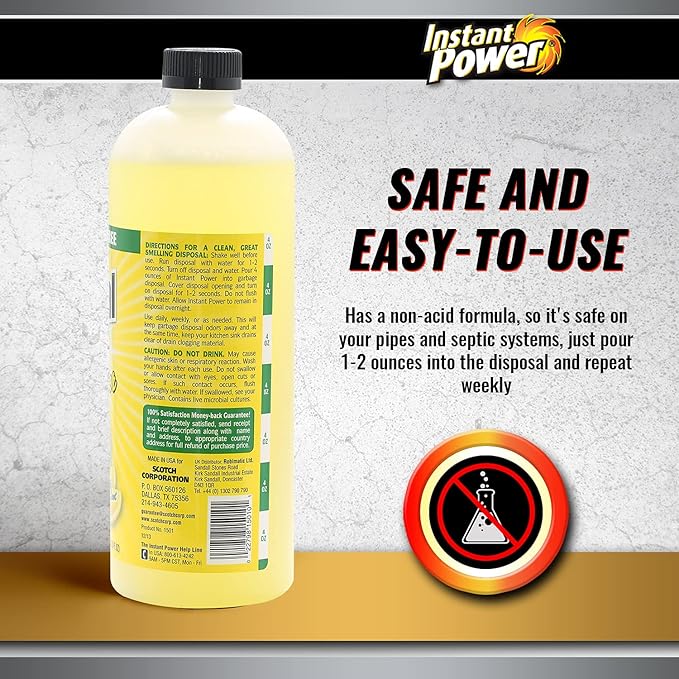 Instant Power Disposal and Drain Cleaner – Liquid Enzyme Clog Remover, Cleans and Deodorizes, Removes Drain Blockages, Fresh Lemon Scent, 33.8 Fl oz, 1 Liter