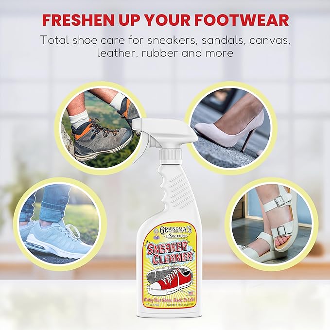 Grandma's Secret Sneaker Cleaner for Rubber, Canvas, Leather - Stain Remover Spray Removes Dirt, Grime, Grass - Shoes Cleaner for Outdoor Slippers, Moccasins - 16 oz, 2 Pack