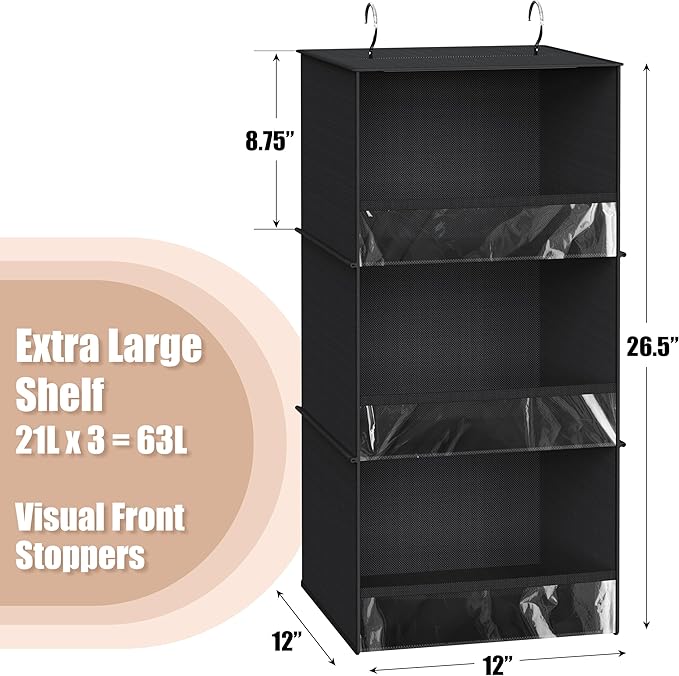 Simple Houseware 3 Shelf Hanging Closet Organizer with Front Stopper, Black