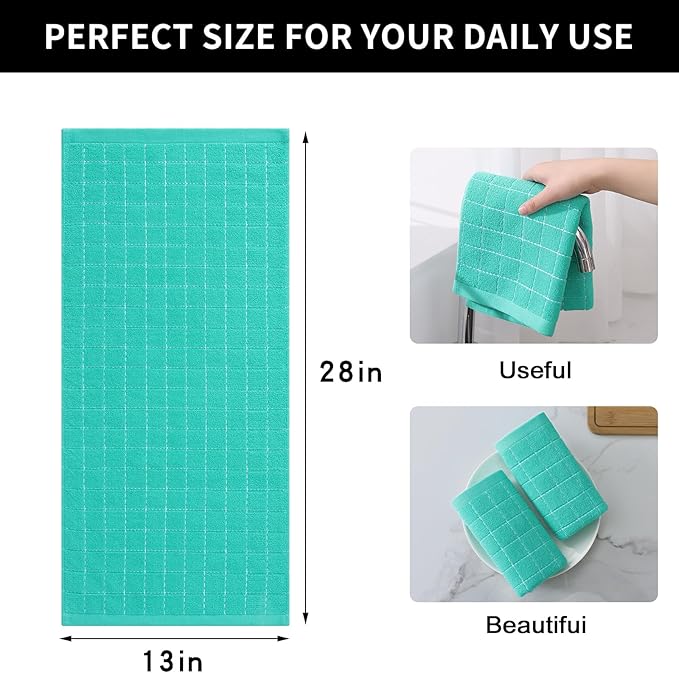 Homaxy 100% Cotton Terry Kitchen Towels(Turquoise, 13 x 28 inches), Checkered Designed, Soft and Super Absorbent Dish Towels, 4 Pack