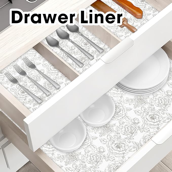 Drawer and Shelf Liners for Kitchen Cabinets Non-Adhesive Cabinet Liners Strong Grip Non Slip Waterproof Contact Paper for Cabinets and Drawers Shelves Cupboard,Flower,12IN X 20FT