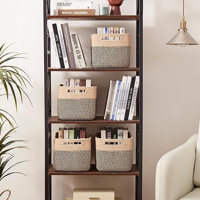 OIAHOMY 4 Pack Storage Baskets for Organizing, Basket for Shelves with Handle, Woven Baskets for Storage Toys, Towels, Books, Cotton Rope Basket 13" L x 9 " W x 7.8 " H, Brown & Black