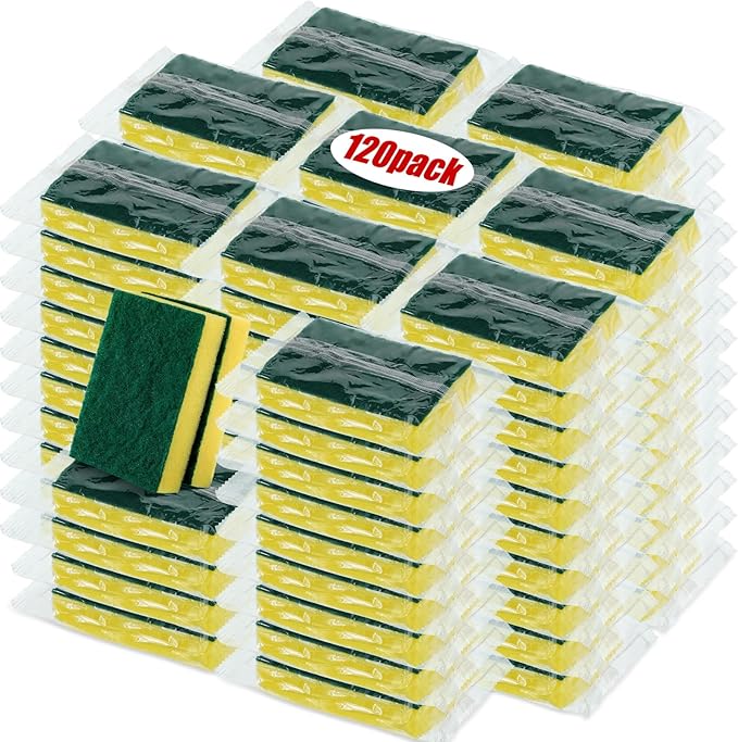 Tanlade 120 Pcs Individually Wrapped Sponge Dishwashing Sponge Bulk Non Scratch Scrub Sponges Kitchen Scouring Pad for Household Cleaning Rental Dishes Hotel Apartment Car (Yellow,Green)