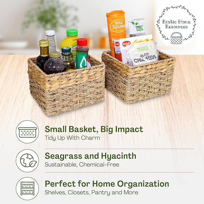 Small Wicker Baskets for Storage 2-Pack, Natural, Woven Baskets for Organizing Living Room, Pantry Baskets, Shelves - Small Size - 8x7x5.5 inches