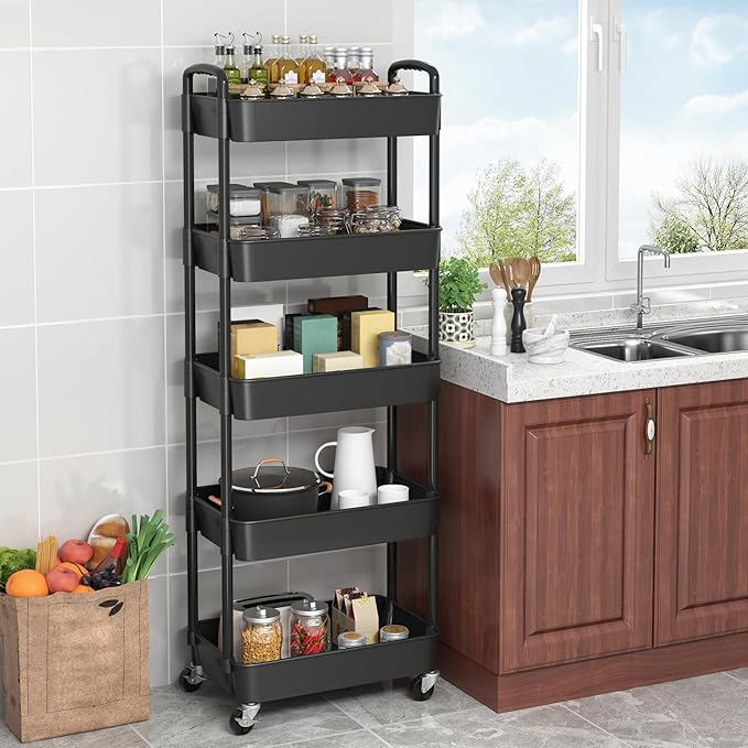 Sywhitta 5-Tier Plastic Rolling Utility Cart with Handle, Multi-Functional Storage Trolley for Office, Living Room, Kitchen, Movable Storage Organizer with Wheels, Black