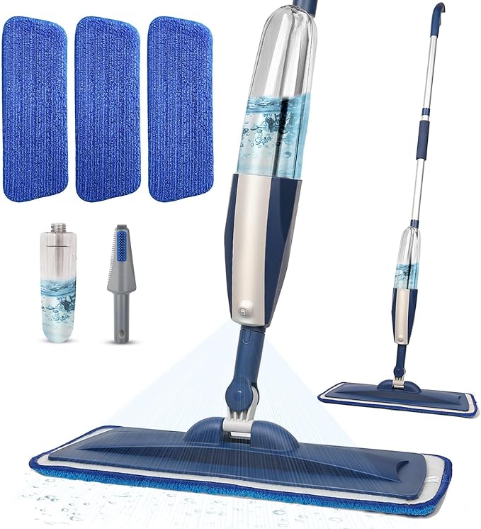 Spray Mops for Floor Cleaning Floor Mop with a Refillable Spray Bottle and 3 Washable Microfiber Pads Home or Commercial Use Dry Wet Flat Mop for Hardwood Laminate Wood (Dark Blue)