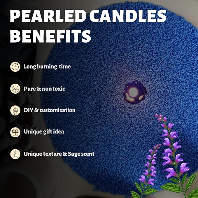 Salvia Scented Blue Pearled Candle 18oz Luxury Sand Candle Granulated Wax - 30 Cotton Wicks - Wax for Candle Making Decorative Candles Smooth and Clean Burning Lasts up to 120 Hours