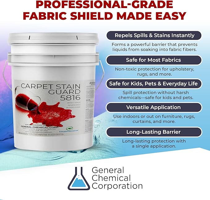 General Chemical Stain Shield Spray - Safe Fabric Protector Spritz and Stain Guard 5816 for Upholstery, Carpets, Rugs, Drapes & More - Impermeable Protectant Spray for Outdoor & Indoor Use - 5 Gallon
