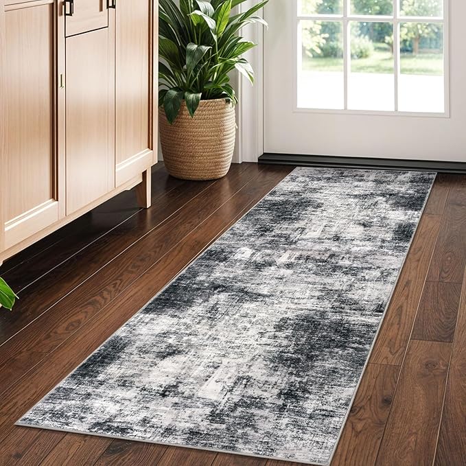 IOHOUZE Abstract Runner Rug 2x5 Ft Washable Runners for Hallways, Non Slip Kitchen Runner Printed Faux Wool Entryway Runner Indoor, Modern Abstract Floor Carpet for Hall Kitchen Bedroom, Black Grey