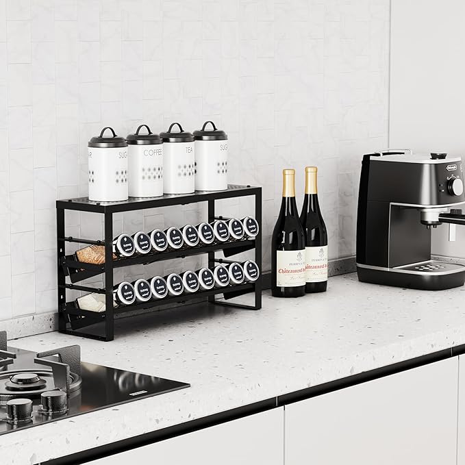 Expandable, Stackable, Adjustable Spice Rack kitchen Organizer,Metal Pantry Storage Shelves - Multi-Tier Shelf for Cabinet, Countertop, Pantries, Cupboard or Wall Mount,Black