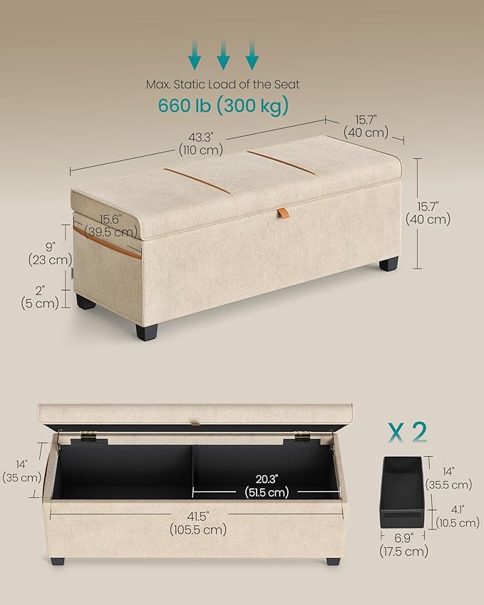 SONGMICS Storage Ottoman Bench, Storage Chest, 15.7 x 43.3 x 15.7 Inches, End of Bed Bench, 27 Gal. (103 L), for Bedroom, Entryway, Living Room, Cappuccino Beige ULSF533L01
