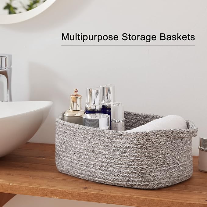 OIAHOMY Cotton Rope Baskets, Woven Baskets for Storage, Nursery Storage Baskets, Rectangle Storage Basket with Handles, Storage Baskets for Shelves, Pack of 3, Gray Variegated