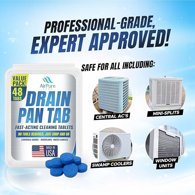 Air Pure Drain Pan Tabs - 48 Flow Treatment Tablets for HVAC & AC Condensate Pan Treatment | Prevents Overflow, Cleans Drain Lines, & Eliminates Odors