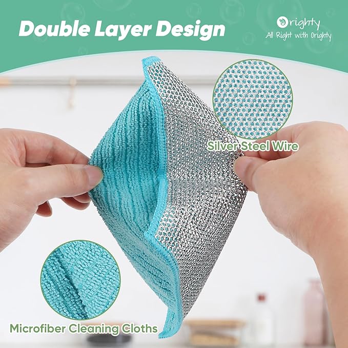 Orighty Multipurpose Wire Dishwashing Rag 12 Pcs, Upgraded Double-Layer Non-Scratch Wire Dish Cleaning Cloths, Kitchen Reusable Steel Scrubber, Powerful Dishcloth Rag for Cookware, Multicolor, 7"x8"