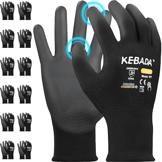 Kebada W1 Work Gloves for Men and Women, PU Coated Safety Gloves with Grip, Touchscreen, Ideal for Warehouse Package Handling, Construction, Gardening, Black Small