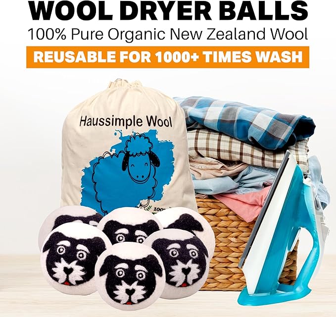 Wool Dryer Balls Organic Felt 6 Pack Laundry Fabric Softener, Extra Large Reusable Handmade Natural Sheep Wool Lint Wrinkle Free Anti Static Baby Safe (Black White Dog)