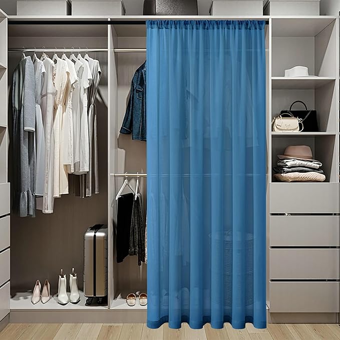 Tollpiz Short Sheer Door Curtains Closet Linen Textured Curtains Sheer Doorway Light Filtering Voile Patio Glass Door Rod Pocket Curtain French Door, 54 x 40 inches Long, Classic Blue, Set of 1 Panel