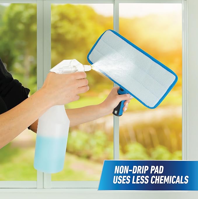 UNGER ProClean Connect and Clean Indoor Window Cleaning Kit, Washing Tool with Swivel Head for Tight Corners and Edges, Streak-Free Results on Glass and Mirrors, Reusable Microfiber Pads