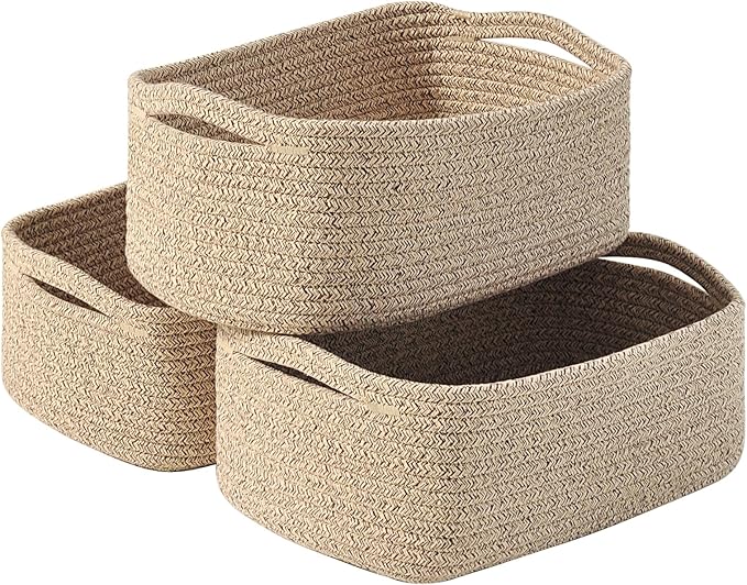 Small Baskets for Organizing, Woven Storage Baskets for Shelves, Small Rope Basket for Storage, Decorative Little Baskets for Gifts Empty, 13"×8.5"×5.1" (3 Packs) Brown