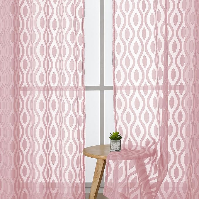 Aiyufeng Blush Pink Curtains Tiers 36 Inch Length 2 Panels Set, Airy Lightweight Clip Jacquard Window Curtians, Modern Wavy Line Textured Voile Sheer Curtains for Small Windows, 40" Wx36 L Inch