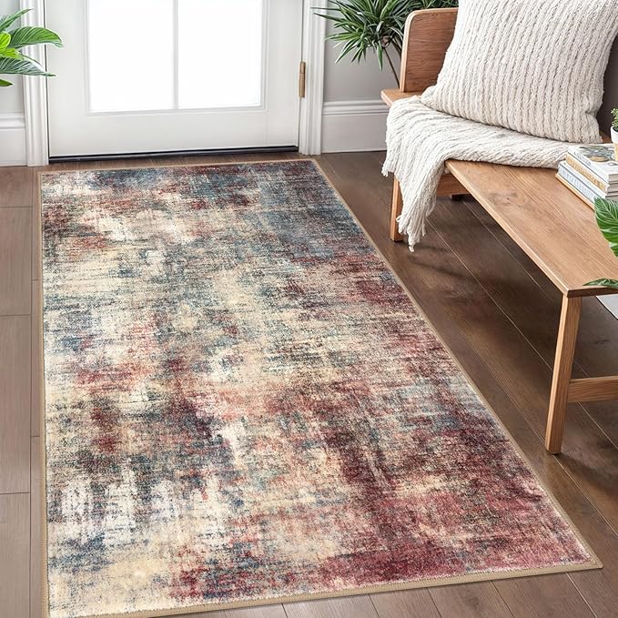 IOHOUZE Abstract Area Rug 3x5 Ft Washable Rugs for Entryway Indoor, Non Slip Kitchen Rug Printed Faux Wool Throw Rugs, Indoor Door Mat for Door Entrance Foyer Living Room, Red/Multi