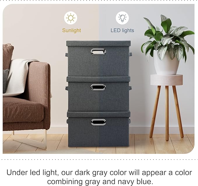 Medium 15" 21 Quart Collapsible Stackable Storage Bins with Lids, 3 Packs Dark Grey Foldable Fabric Closet Boxes Heavy-duty Linen Cube Baskets Container for Bedroom Office (15 x 11 x 8)