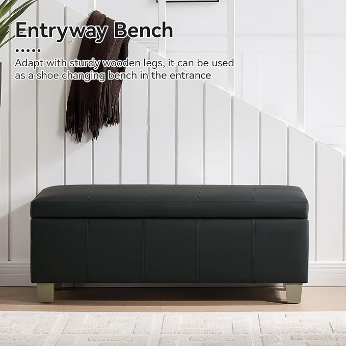 41" Faux Leather Storage Ottoman, Stitch Tufted Rectangle Upholstered End of Bed Storage Bench, Entryway Large Couch Ottoman with Wooden Legs, Dark Black