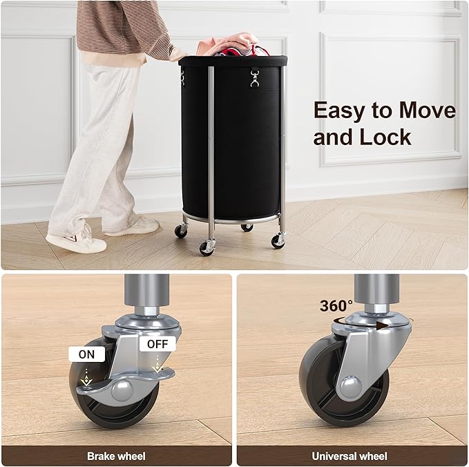 ELYKEN Laundry Hamper with Wheels, 110L Rolling Laundry Basket, Round Laundry Cart with Steel Frame and Removable Bag, 4 Casters and 2 Brakes, Dirty Clothes Hamper for Hotel, Home, Closet, Dorm, Black