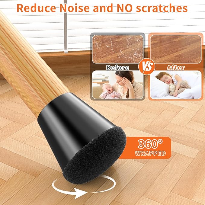 Chair Leg Floor Protectors Extra Small 24 Pcs,Silicone Chair Leg Protectors for Hardwood Floors/Tiles,360°Wrapped Felt Bottom to Prevent Scratch and Reduce Noise, Round Black
