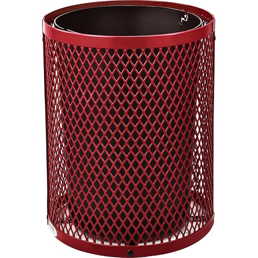 Global Industrial 36 Gallon Outdoor Steel Trash Can with Dome Lid and Raised Base, Plastic Liner and Anchor Kit Included, 23-1/2" Diameter x 43" H, Powder Coat Finish, Unassembled, Red