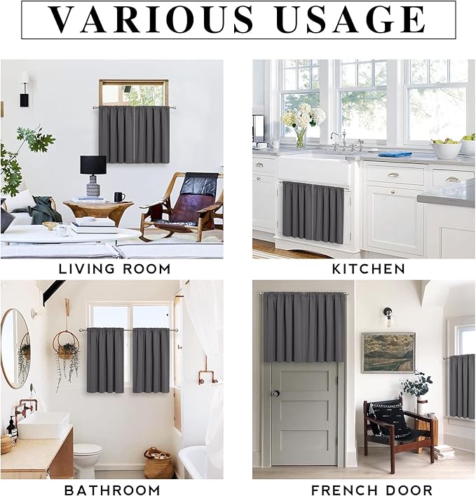 RYB HOME Small Window Curtains Blackout - Privacy Energy Saving Insulating Curtains Blinds for Bedroom Bathroom Basement Kids Nursery Kitchen, W 34 x L 48 inches, Grey, 2 Panels