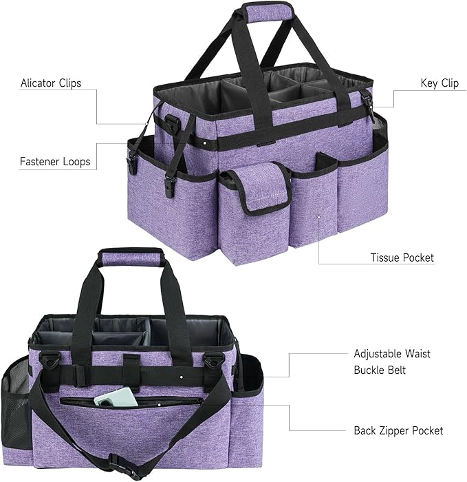 Cleaning Caddy Bag,Large Cleaning Supplies Organizer with Handle for Housekeepers,Purple