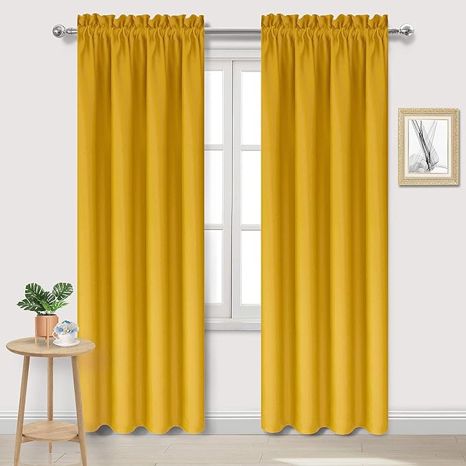 DWCN Blackout Curtains Room Darkening Thermal Insulated Bedroom Curtains Window Curtain Panels, 42 x 84 inches Long, Set of 2 Yellow Rod Pocket Drapes
