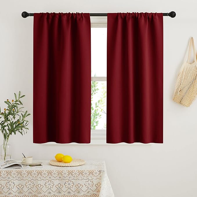 RYB HOME Kitchen Curtains 45 inch Length 2 Panels Set, Privacy Assured Drapes Room Darkening Small Window Treatment for Cafe Bathroom, W29 x L45 inch, Burgundy Red